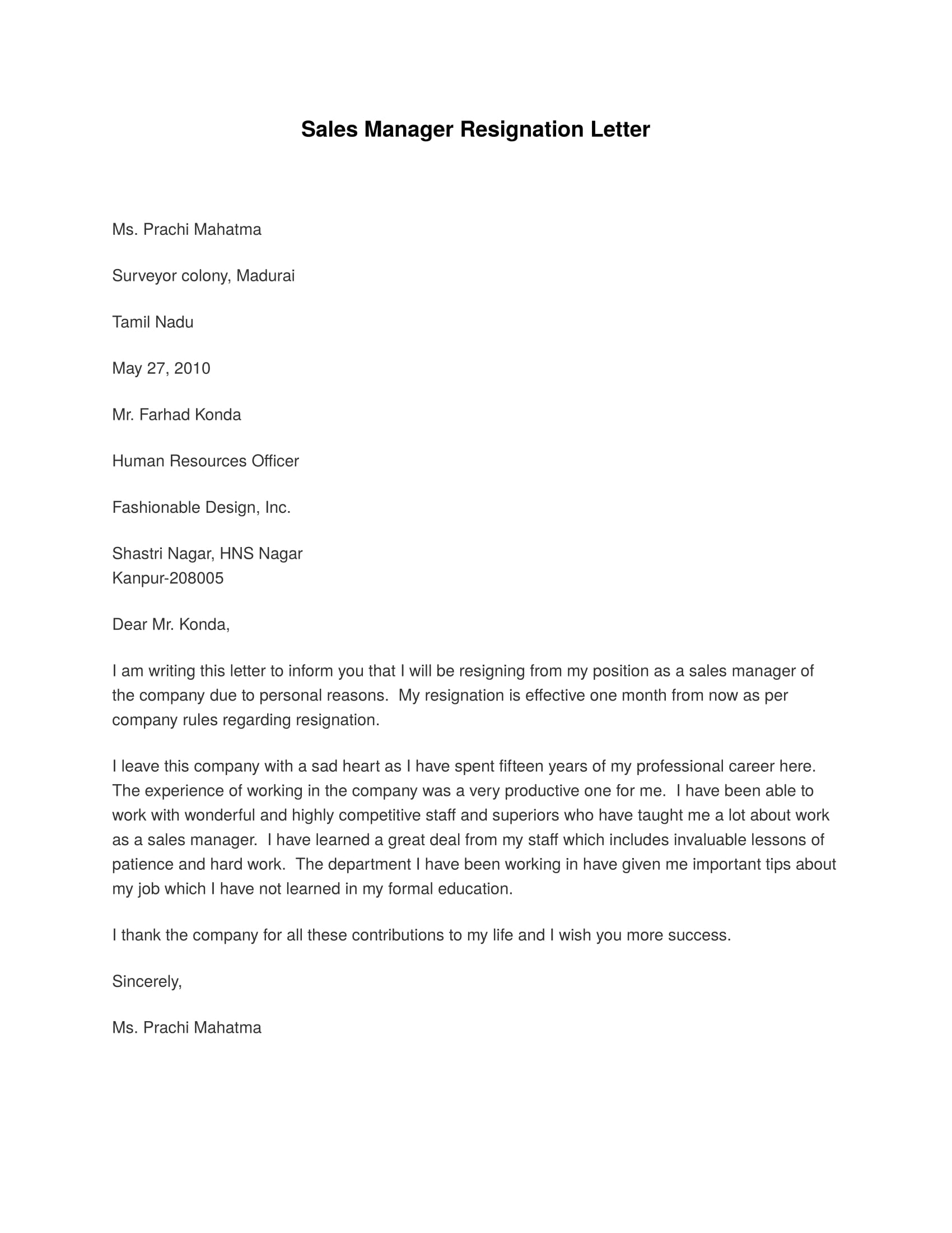 sales manager resignation letter example