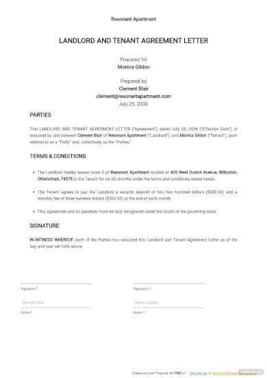 sample landlord and tenant agreement letter template