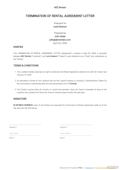 sample termination of rental agreement letter by landlord template