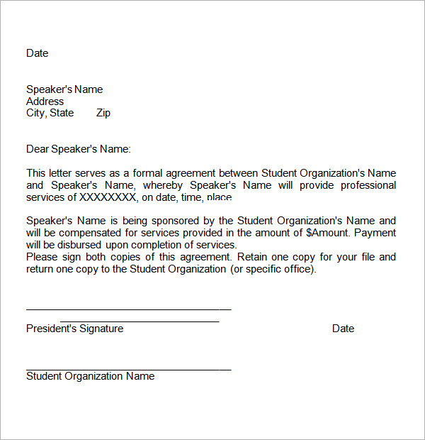 simple student agreement letter example