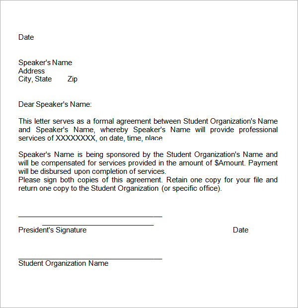 Simple Student Agreement Letter Example