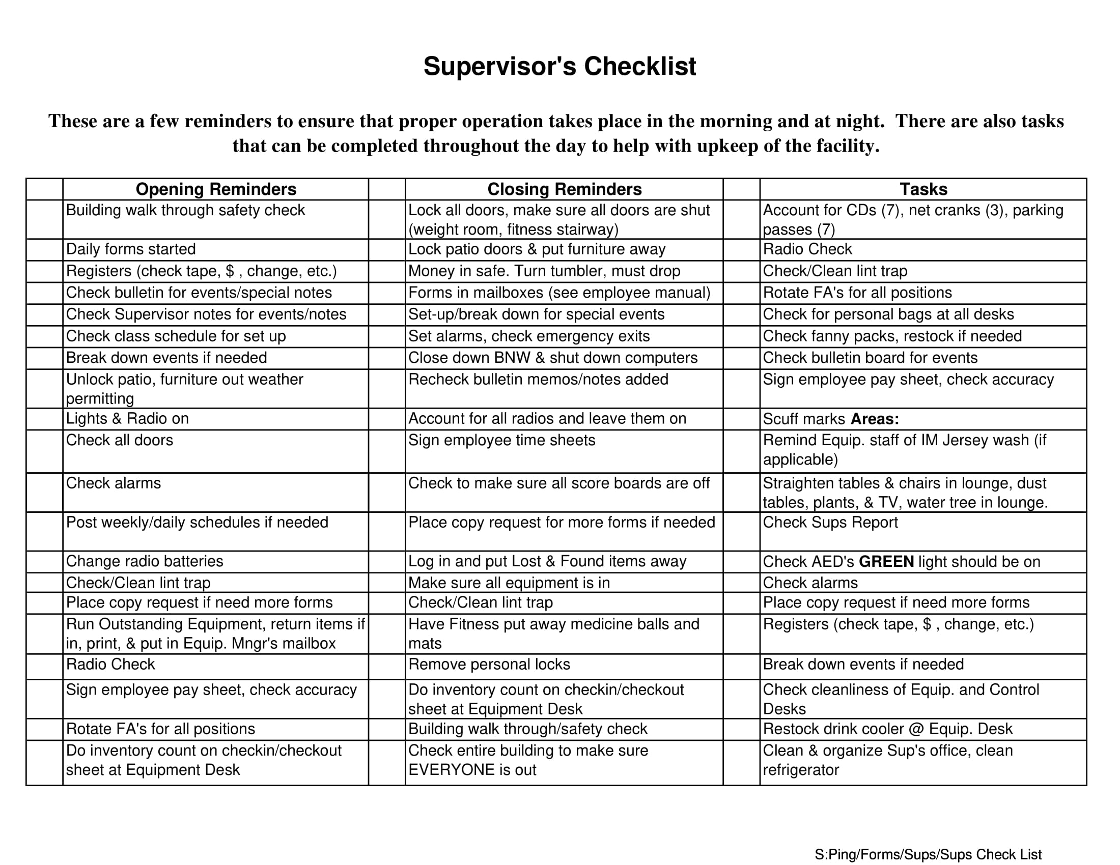 Simple Supervisor's Checklist Example