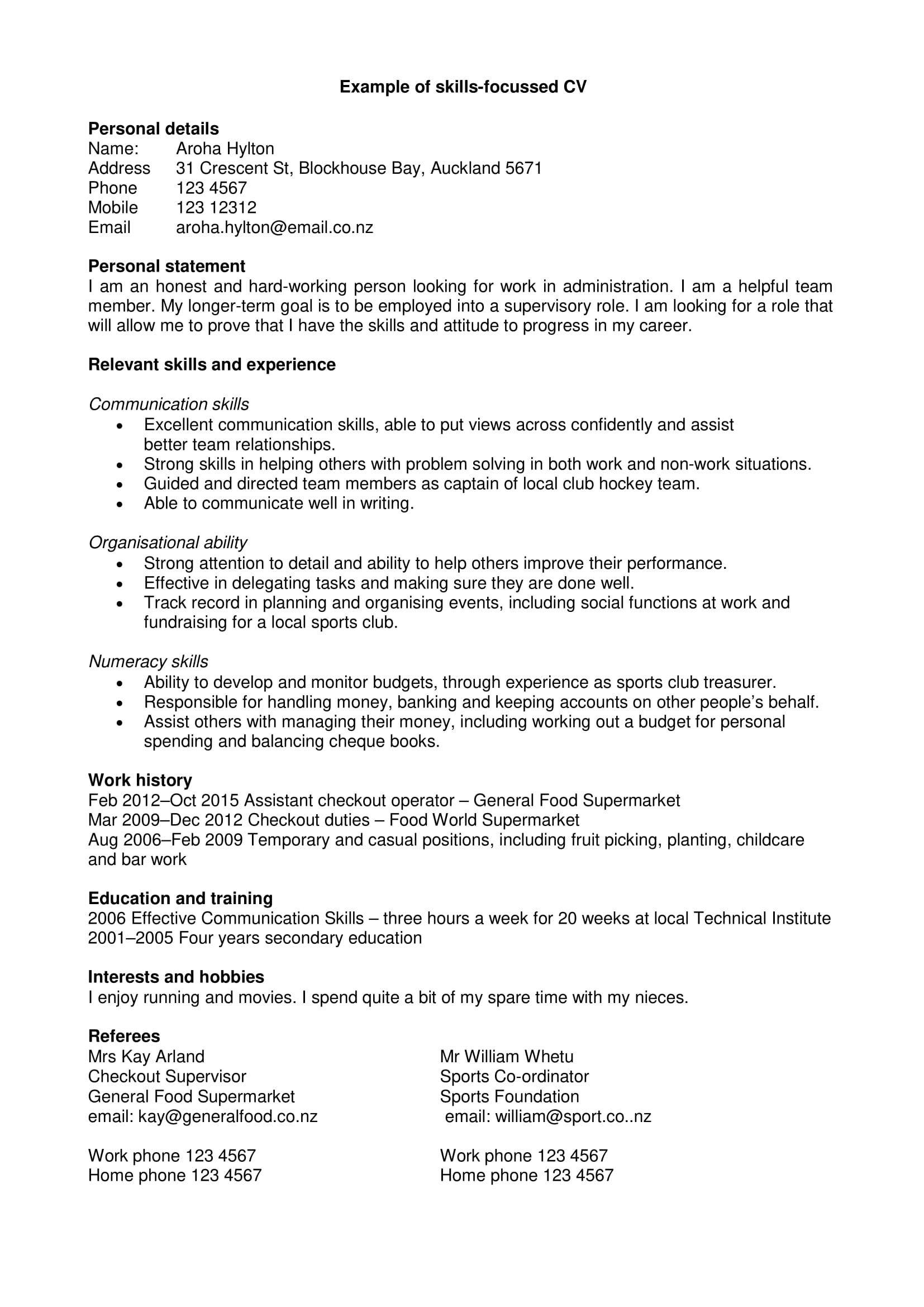 personal statement cv examples