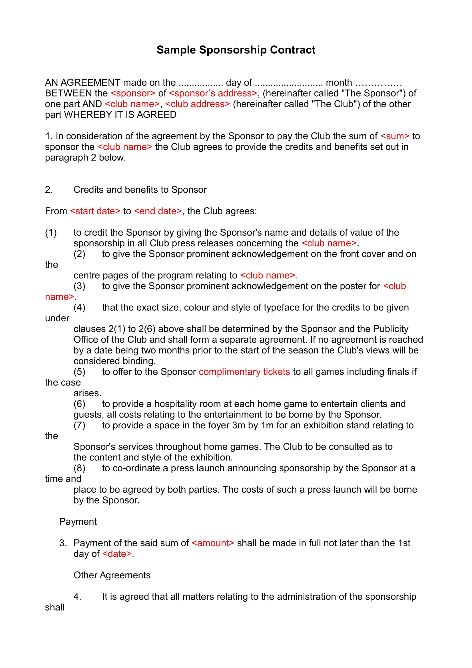 Sports Sponsorship Agreement Template