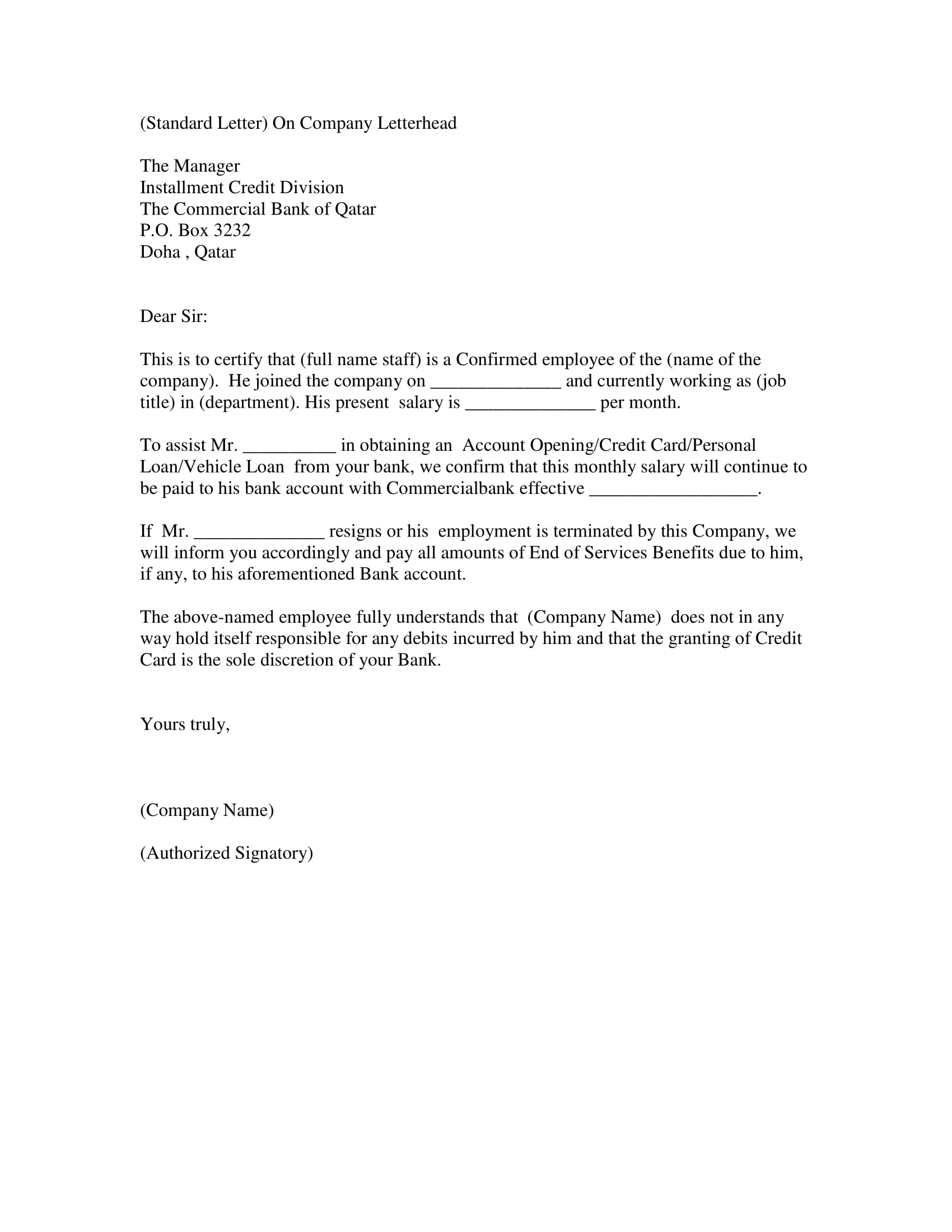 sample employment verification letter