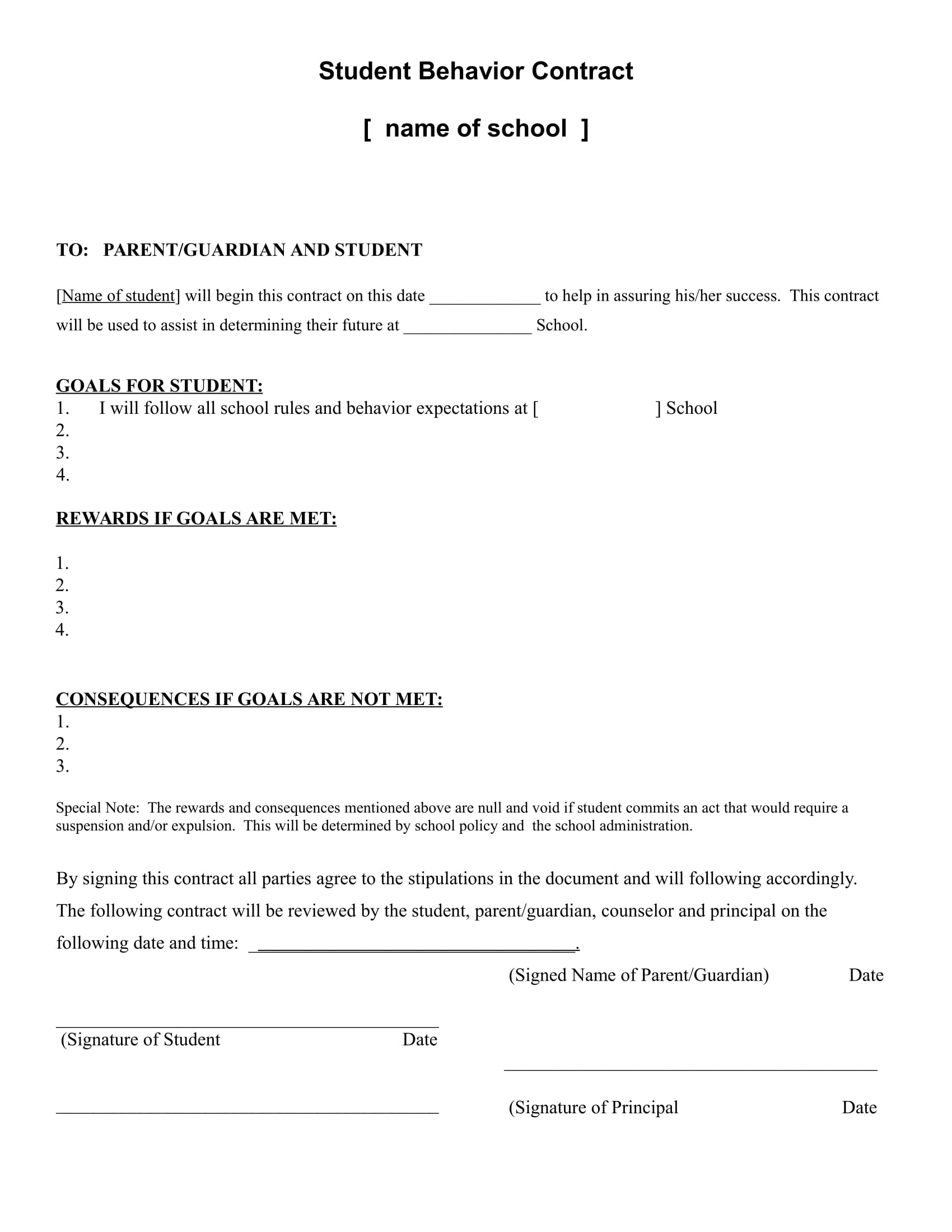 student behavior contract example