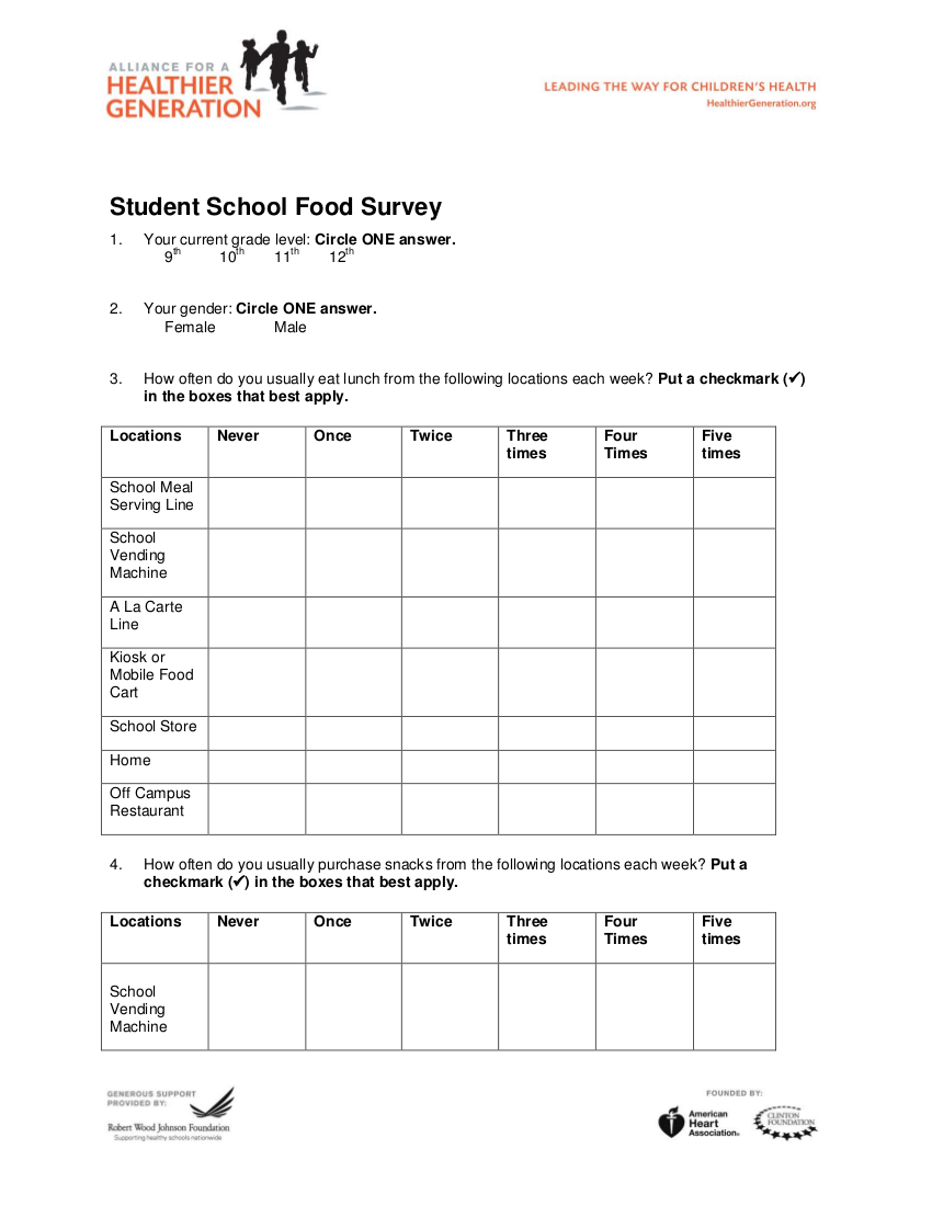 food questionnaire format