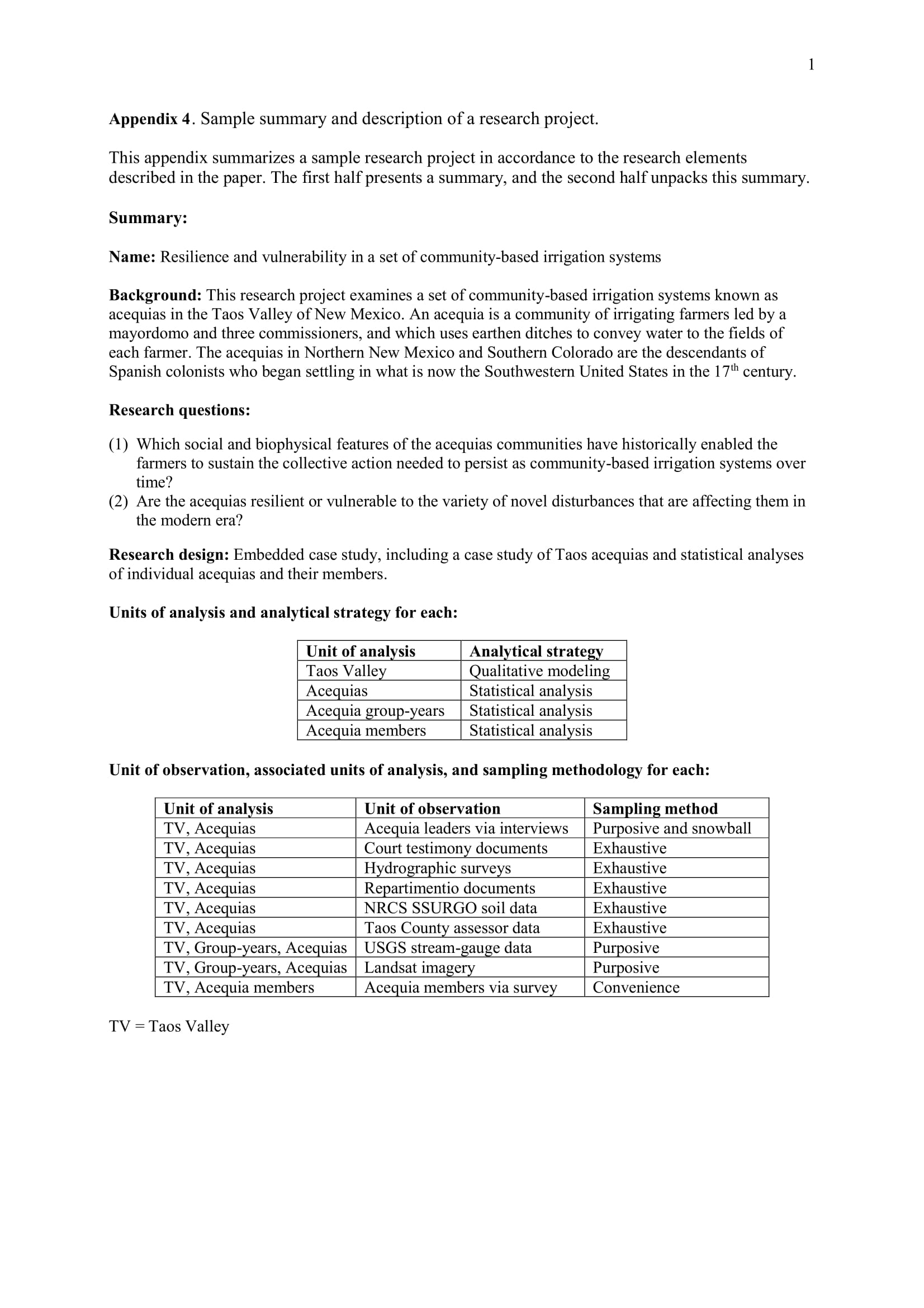 Summary and Description of Project Example