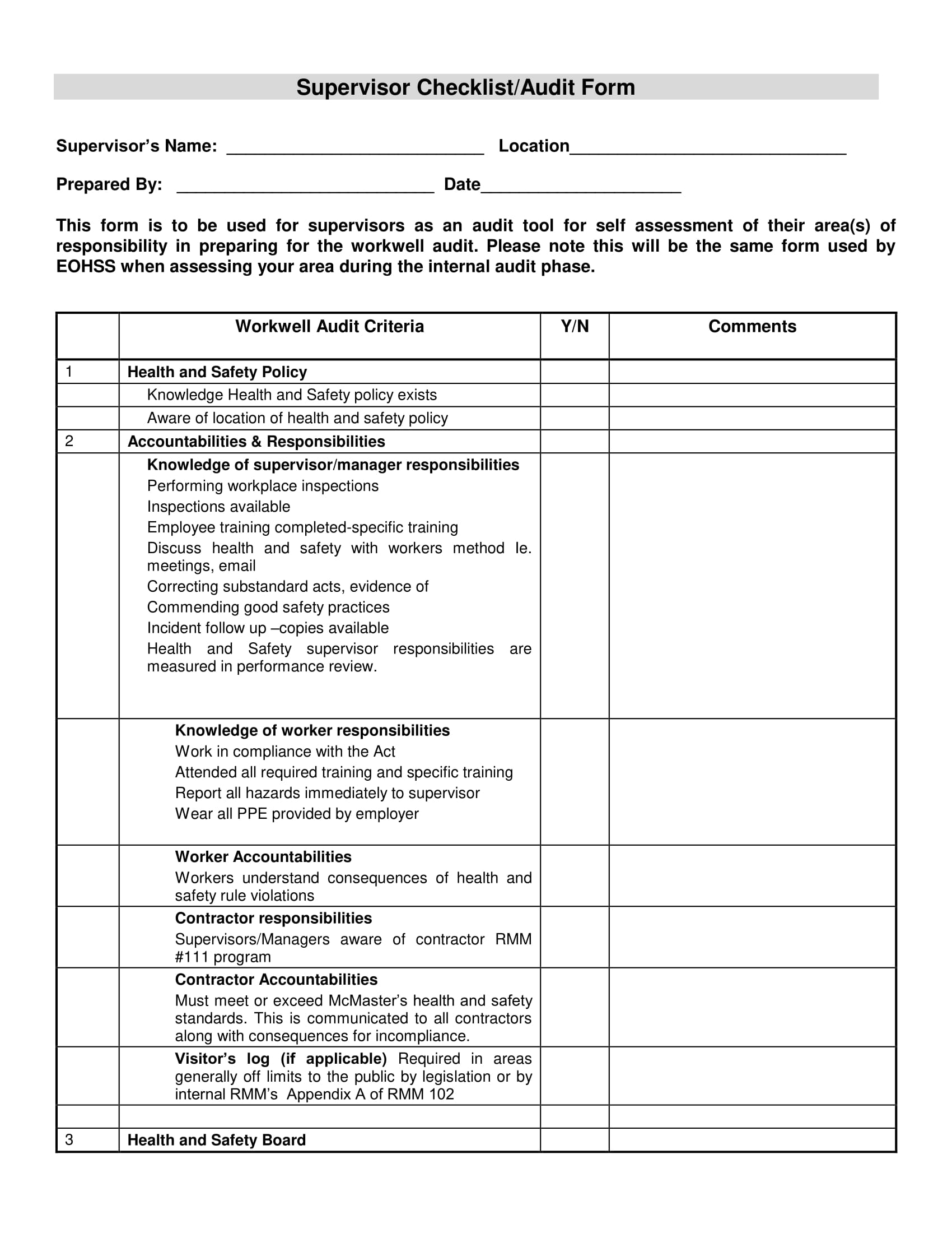 supervisor checklist audit form example