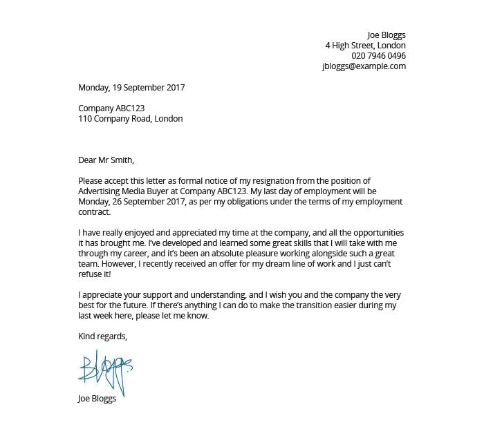 Thankful Resignation Letter Example