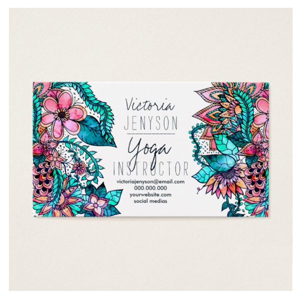 watercolor floral yoga instructor business card