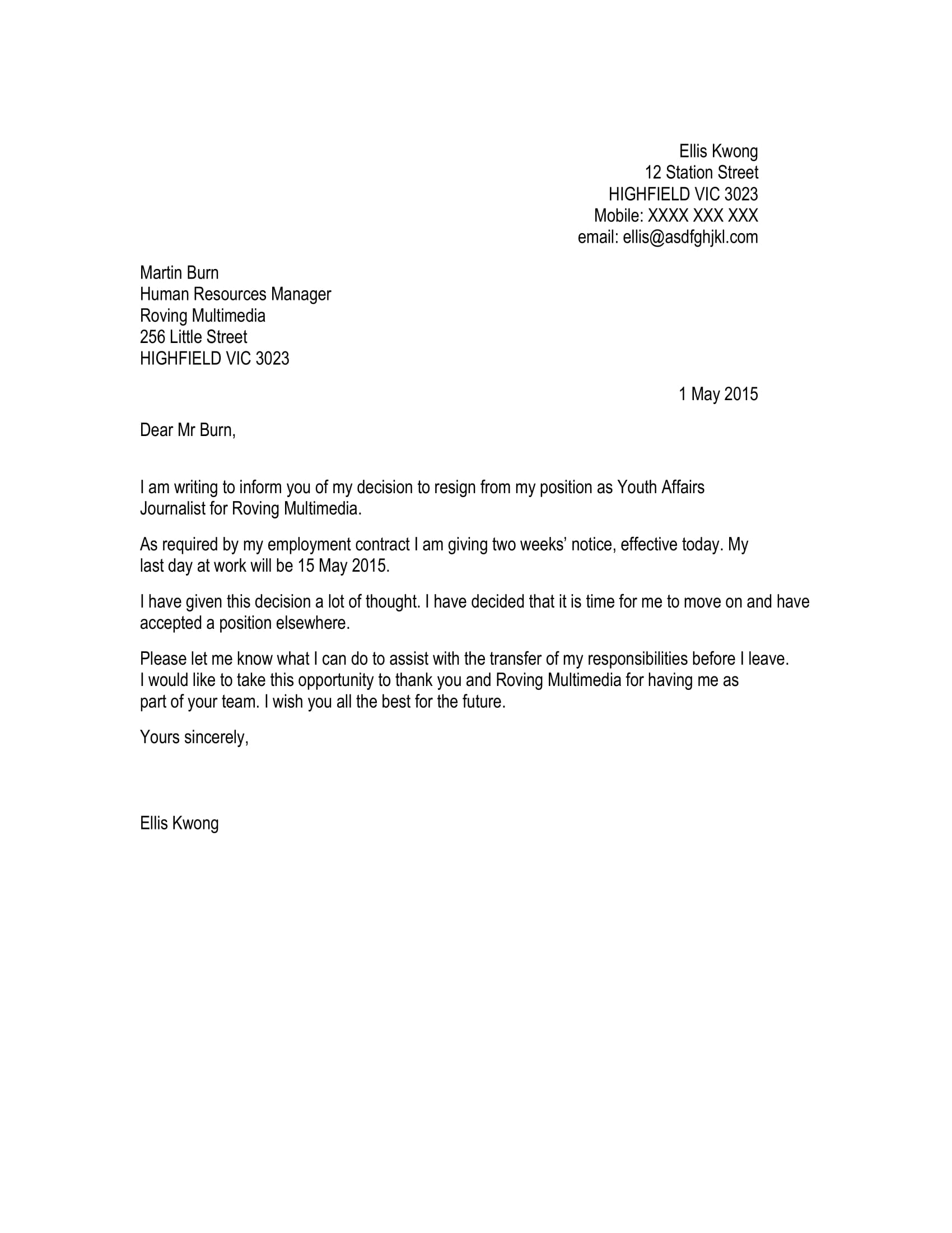 One Week Notice Letter Of Resignation from images.examples.com