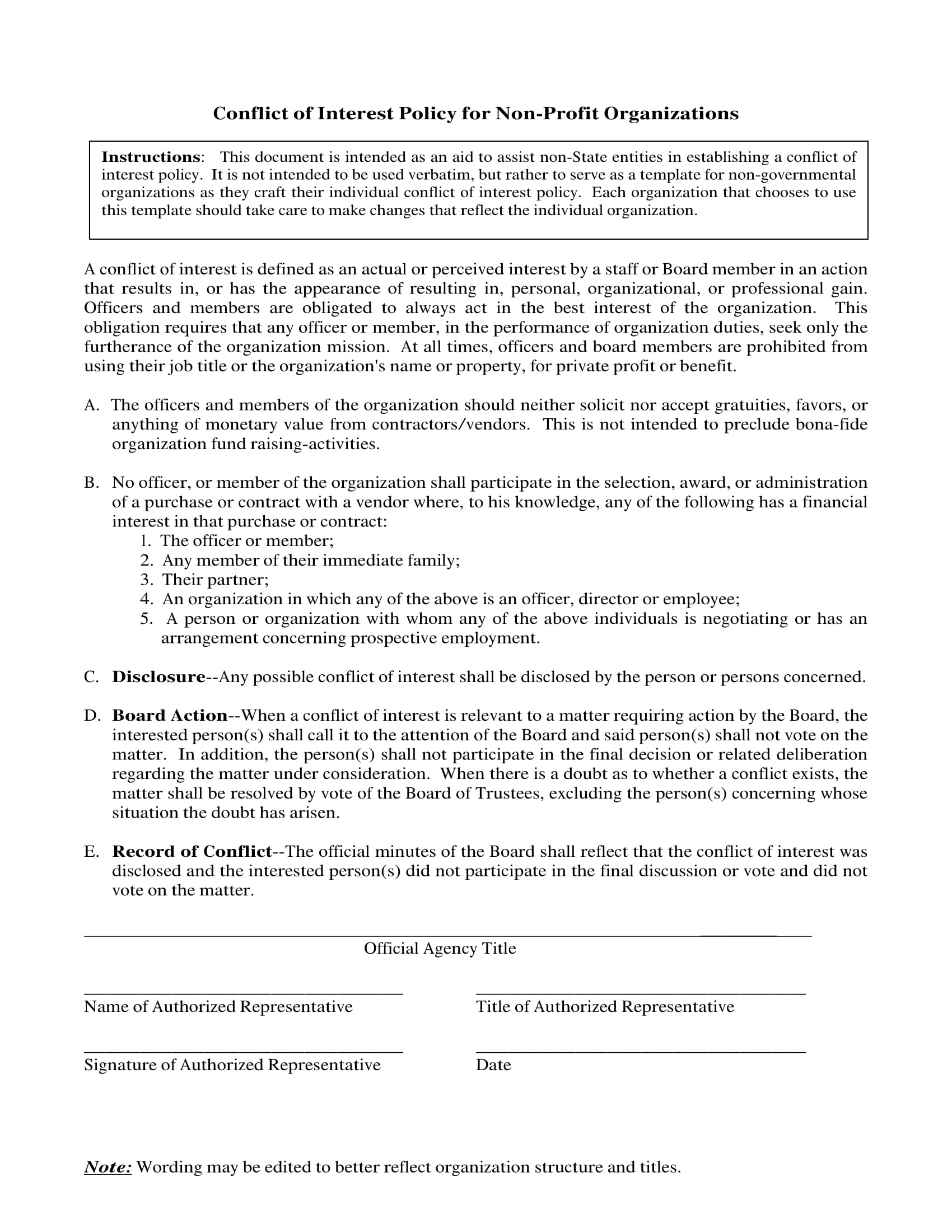 Conflict Of Interest Policy Nonprofit Template Tutoreorg Master Of Documents 9428