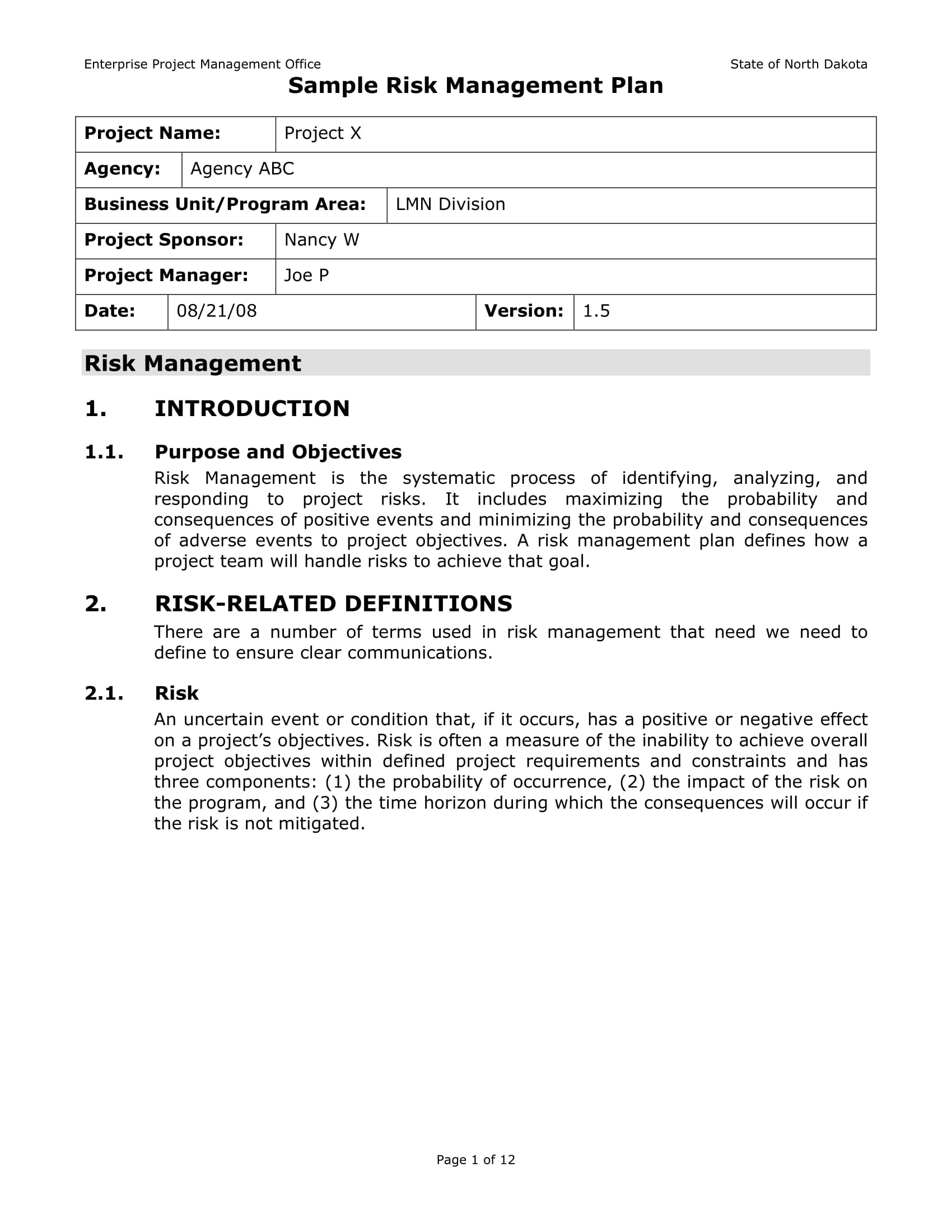 risk management plan methodology example