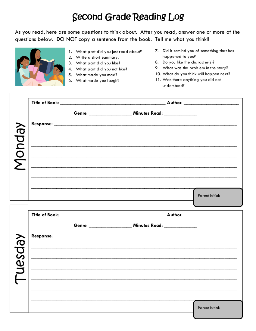 2nd grade reading log template example