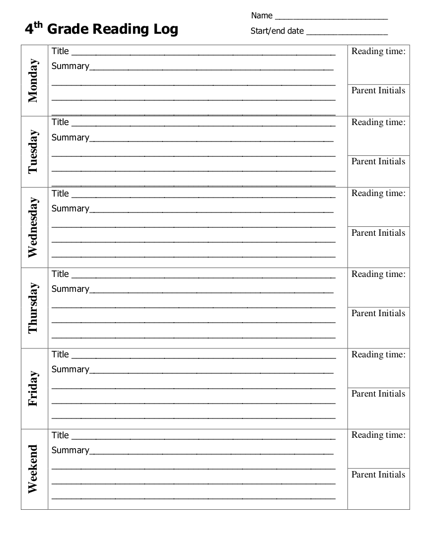 4th grade reading log template example