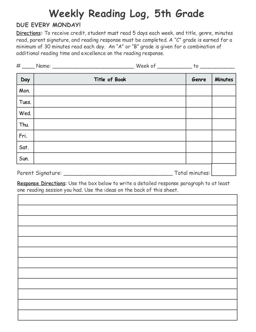 5th grade weekly reading log example