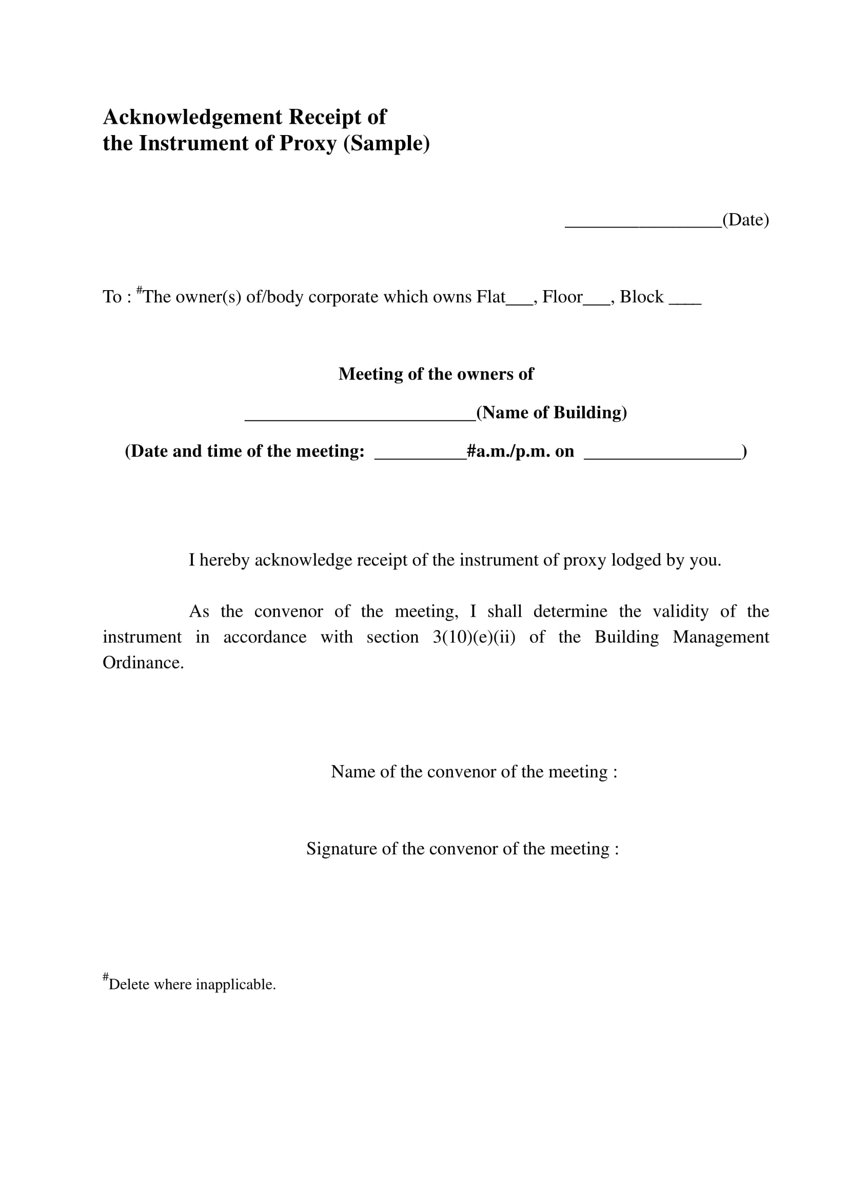 Acknowledgement Receipt of the Instrument Proxy Example