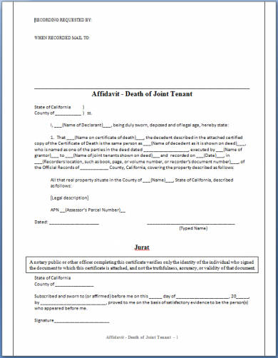 affidavit of death regarding joint tenancy