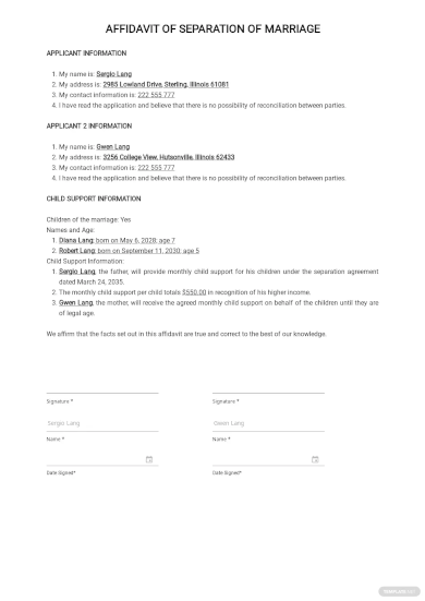 affidavit of separation of marriage template