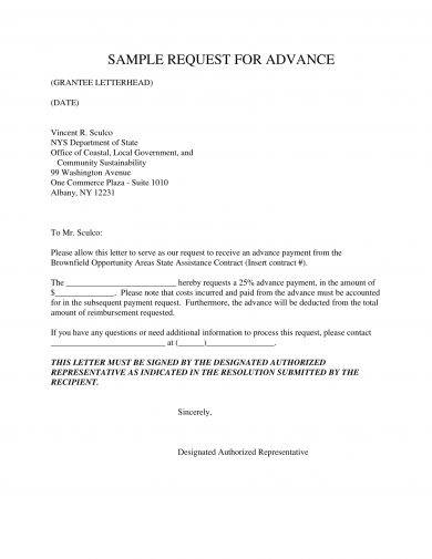 Agreement Letter for Request of Advance Payment Example