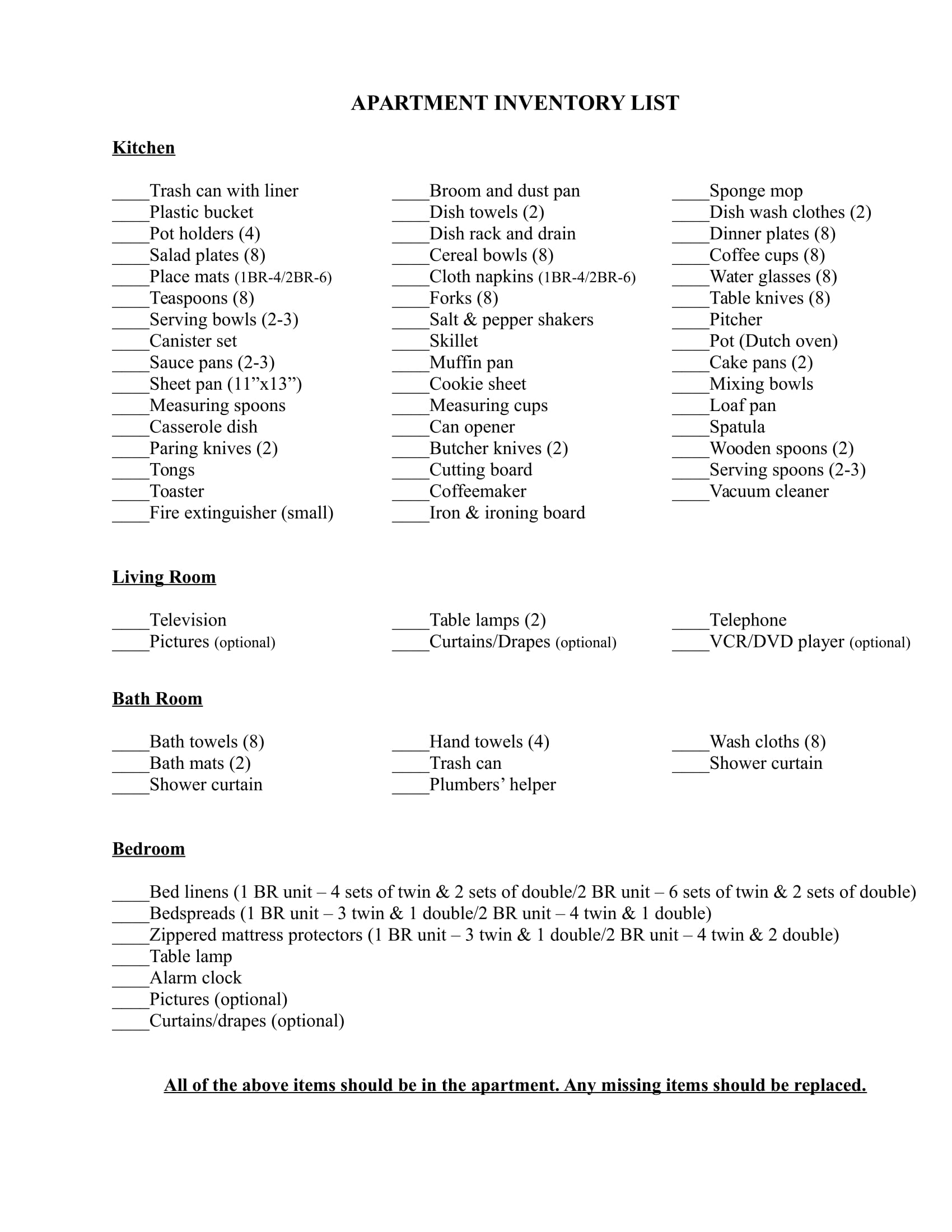 apartment inventory list example
