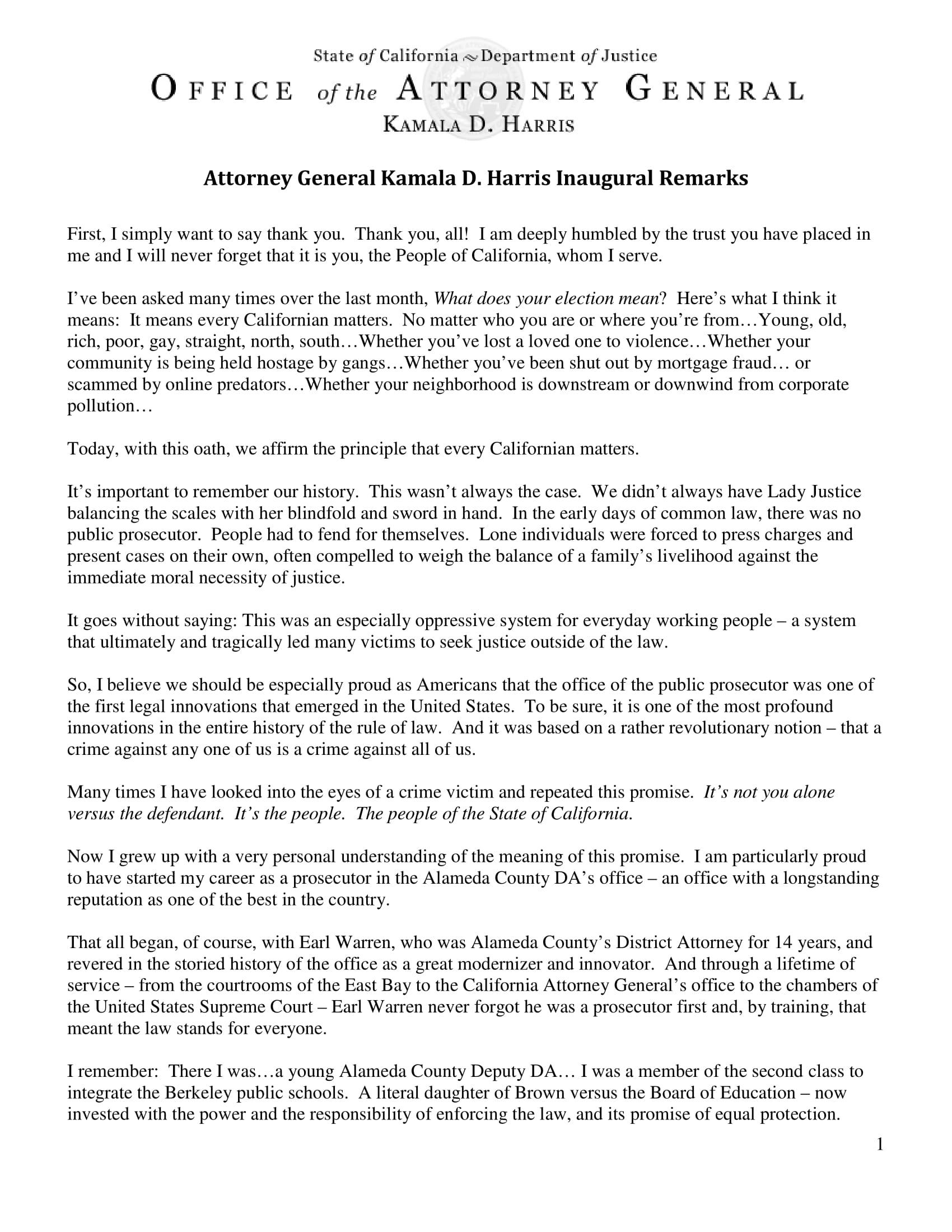 attorney general inaugural remarks example