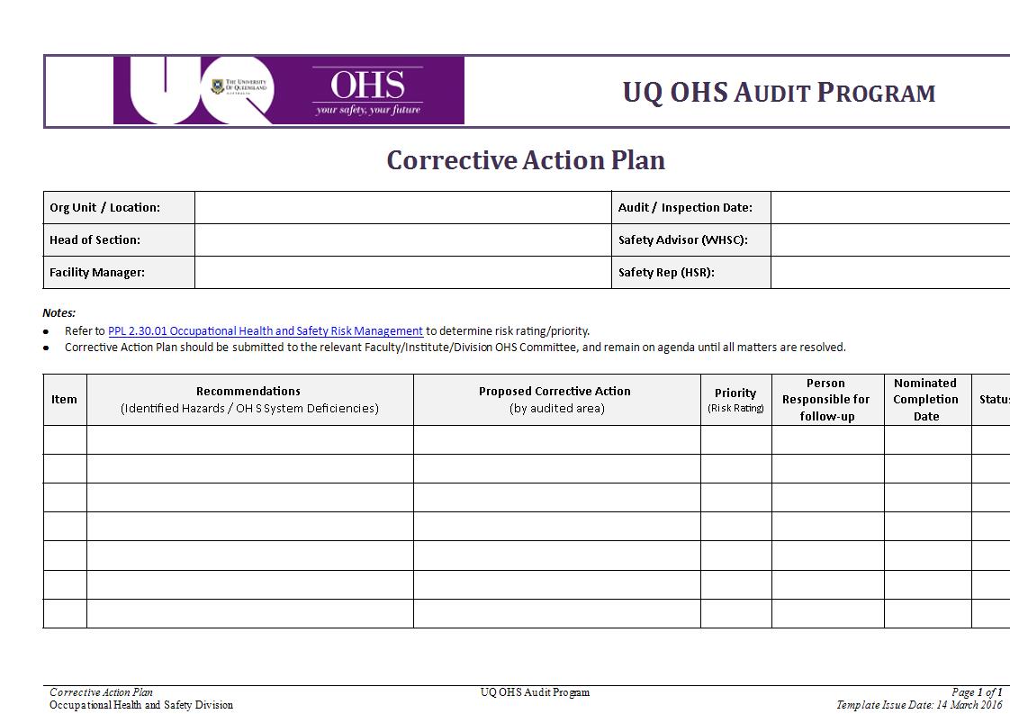 audit program corrective action plan format example