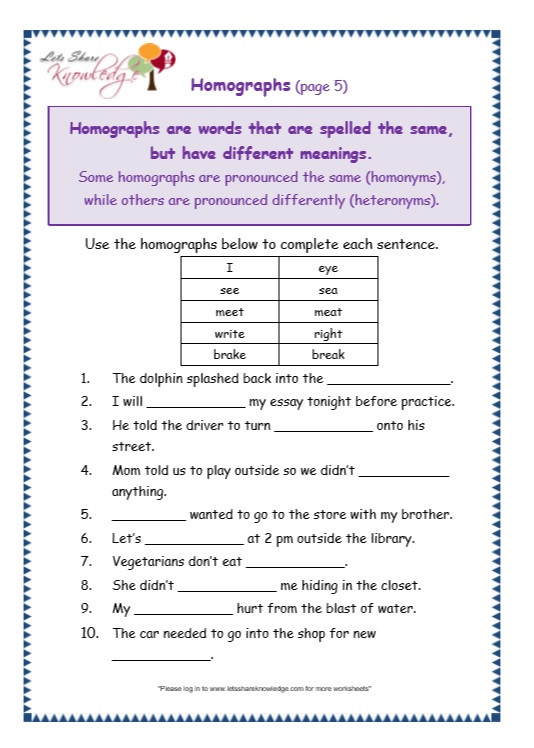 basic homograph worksheet example
