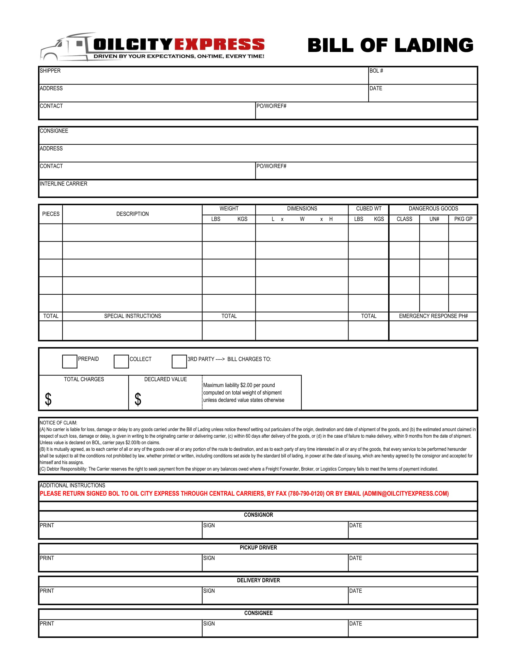 bill of lading standard template example 1