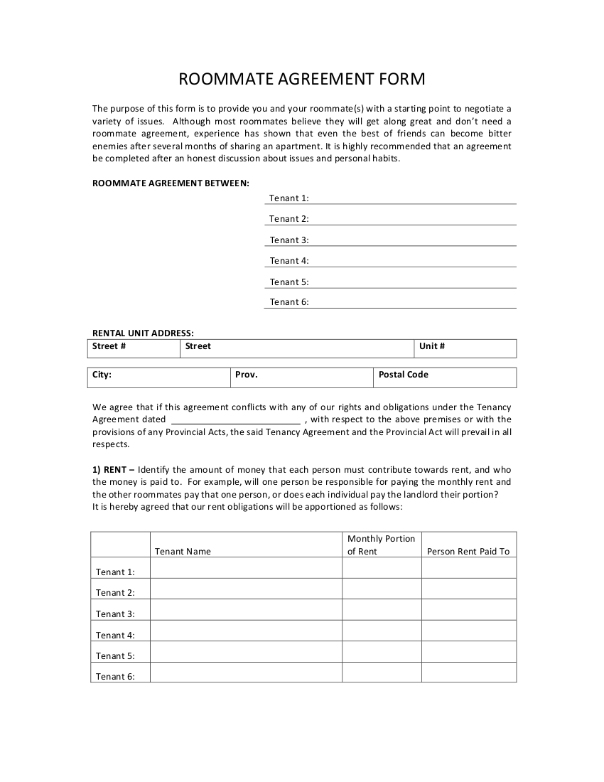 blank college roommate agreement form example