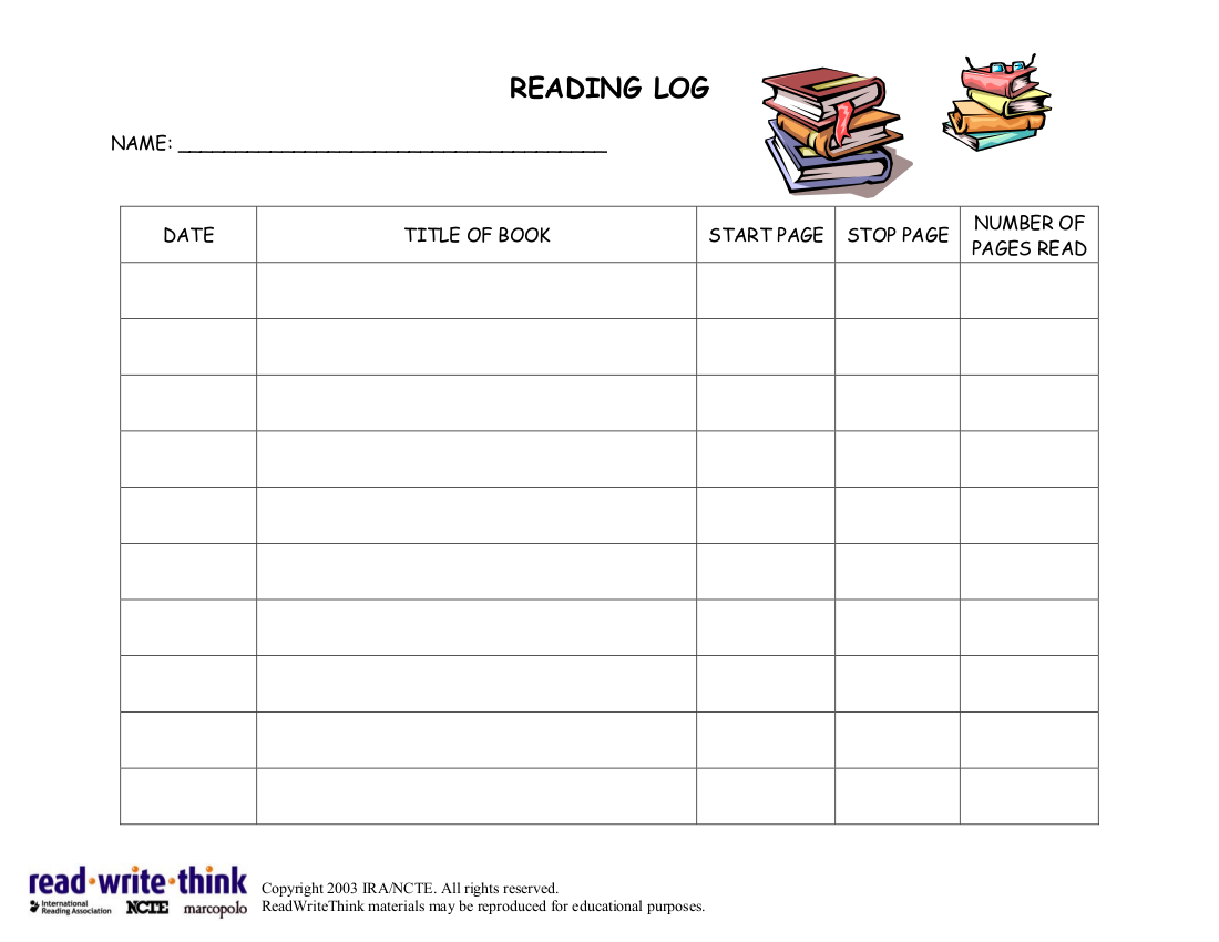 Blank Reading Log Template Example