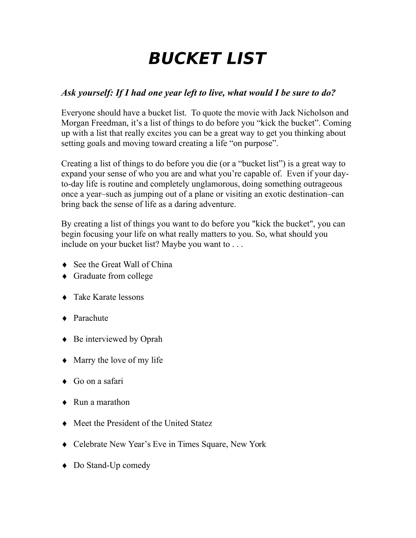 bucket list essay examples