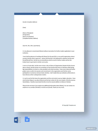 character reference letter for school template