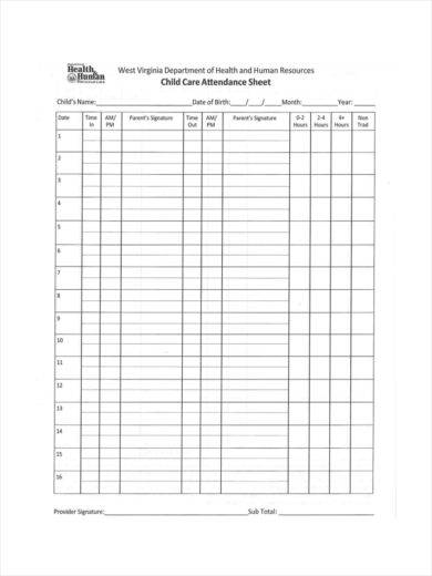 childrens attendance sheet