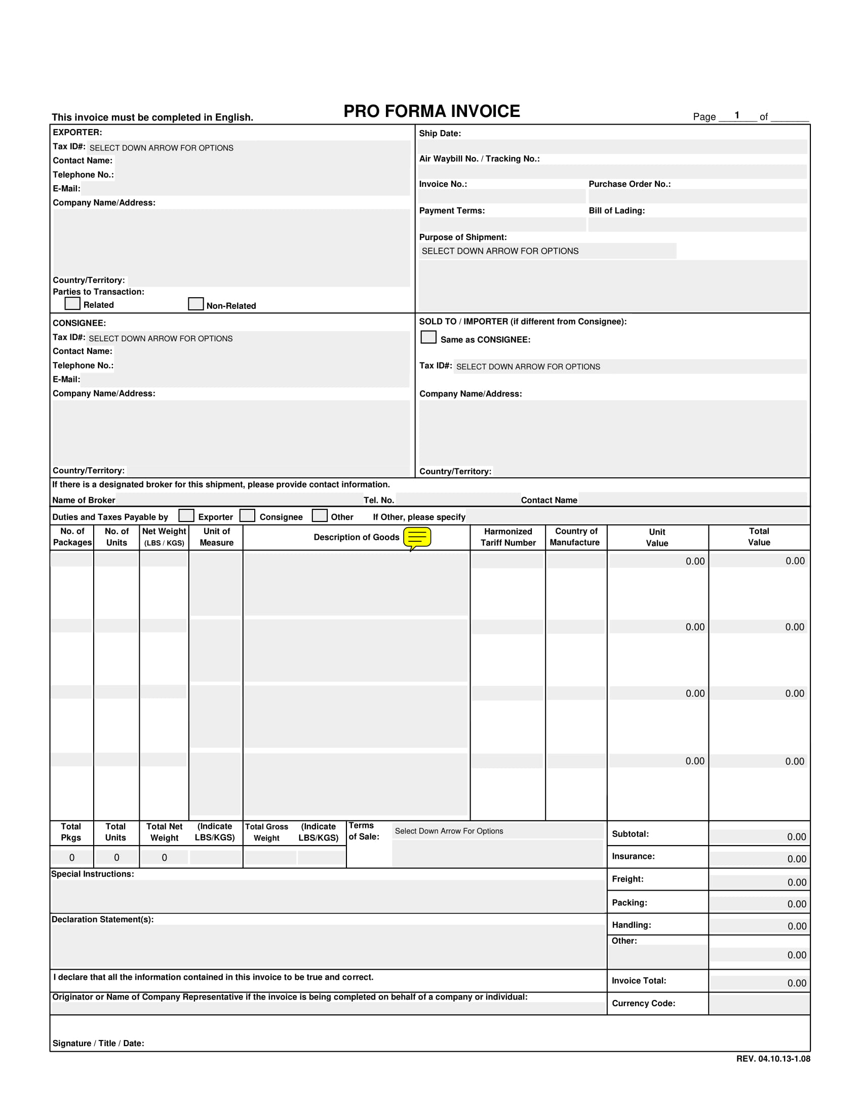 Classic Pro Forma Invoice Example