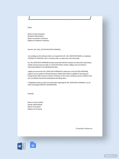 college reference letter from employer template