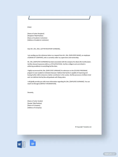 College Reference Letter From Employer Template