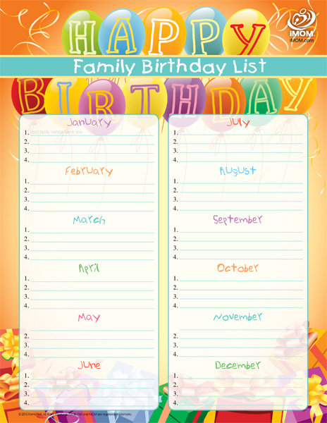 colorful family birthday list