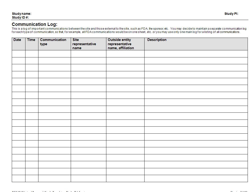 communications log template example