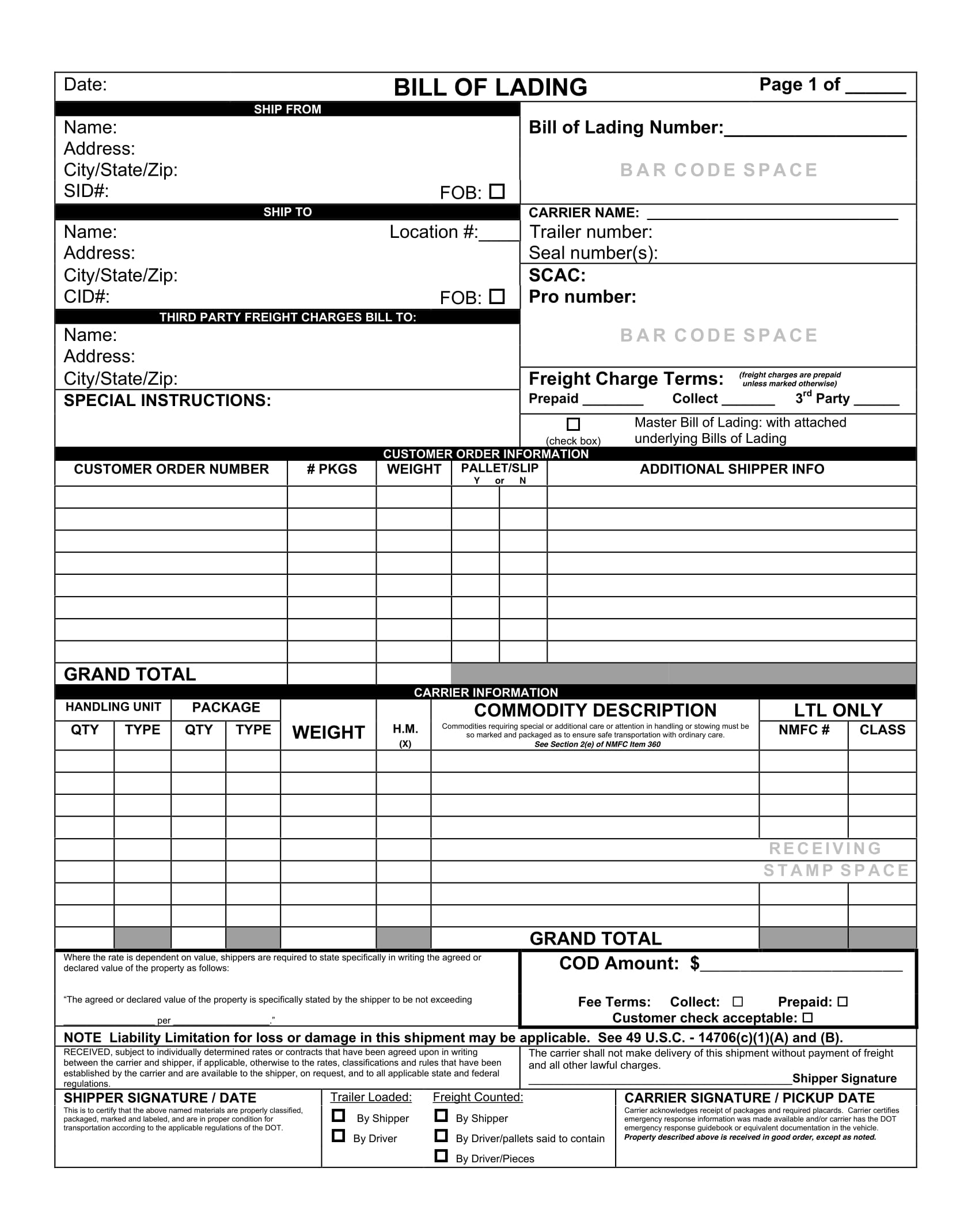 Blank Bill Of Lading Template