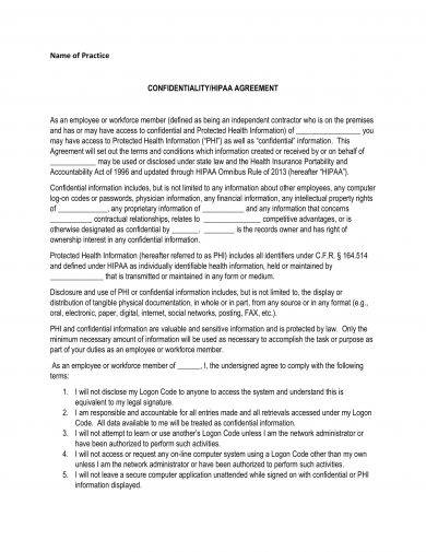 confidentiality hipaa agreement example