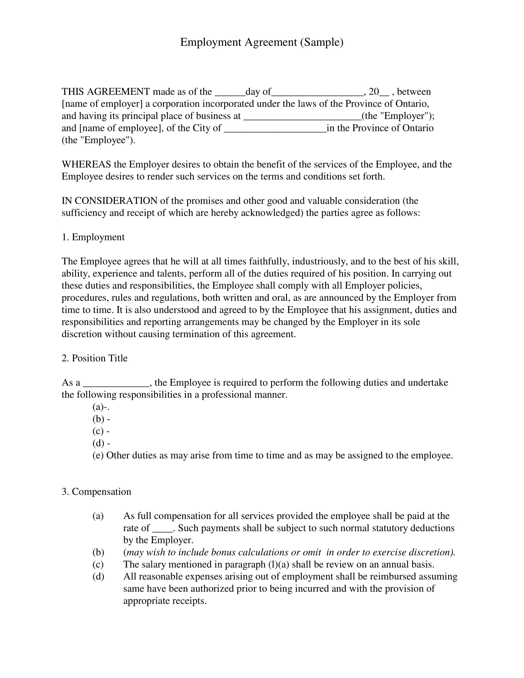 detailed employment agreement example