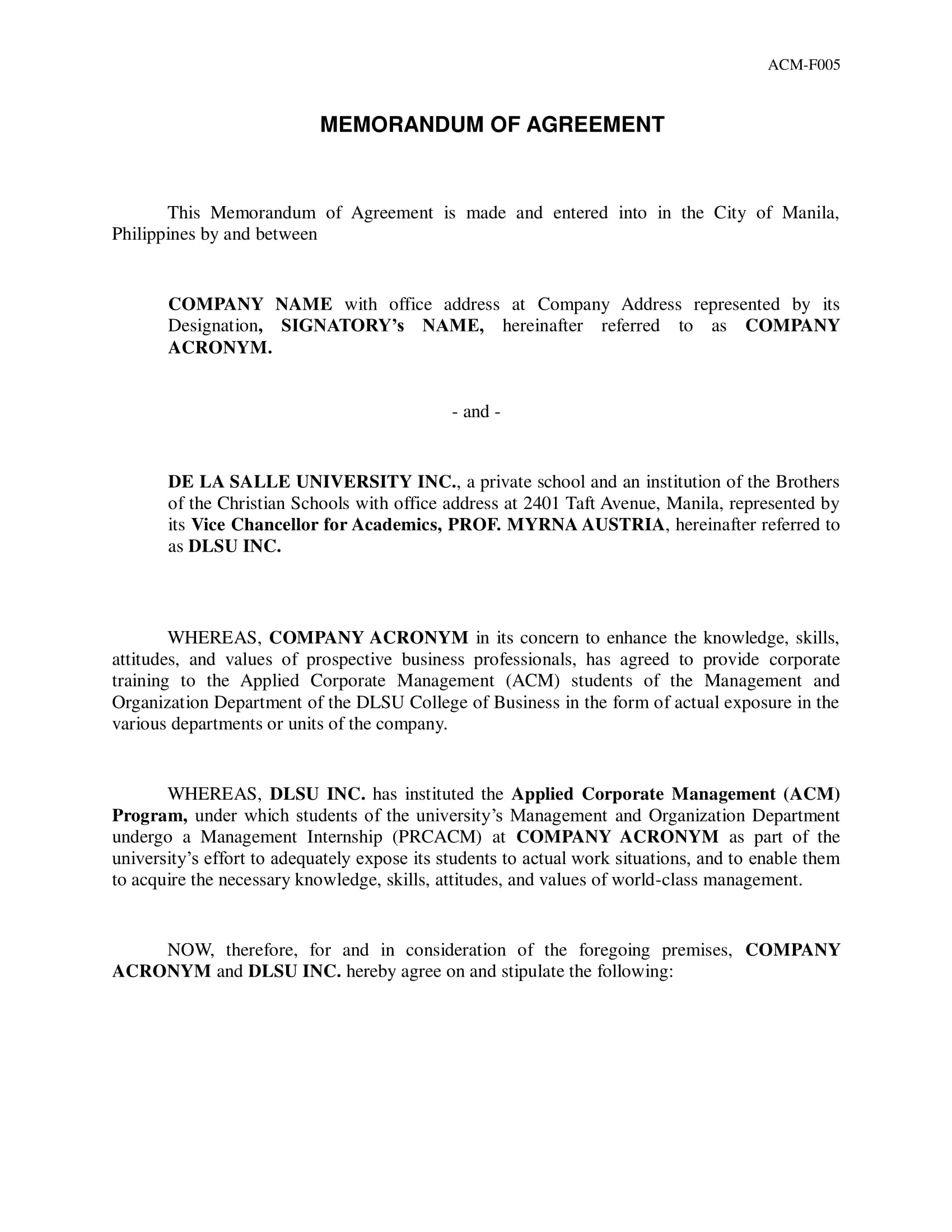 Memorandum Of Understanding Agreement Template