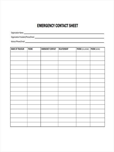 emergency contact sheet