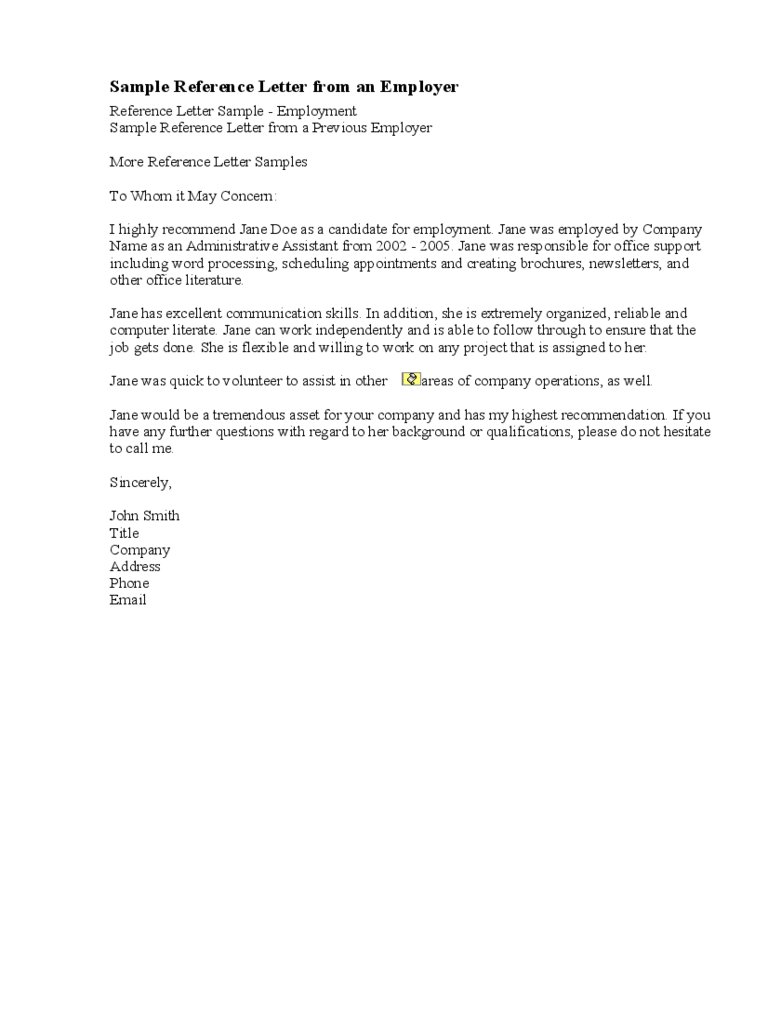 Employer Reference Letter for Employment Example 1