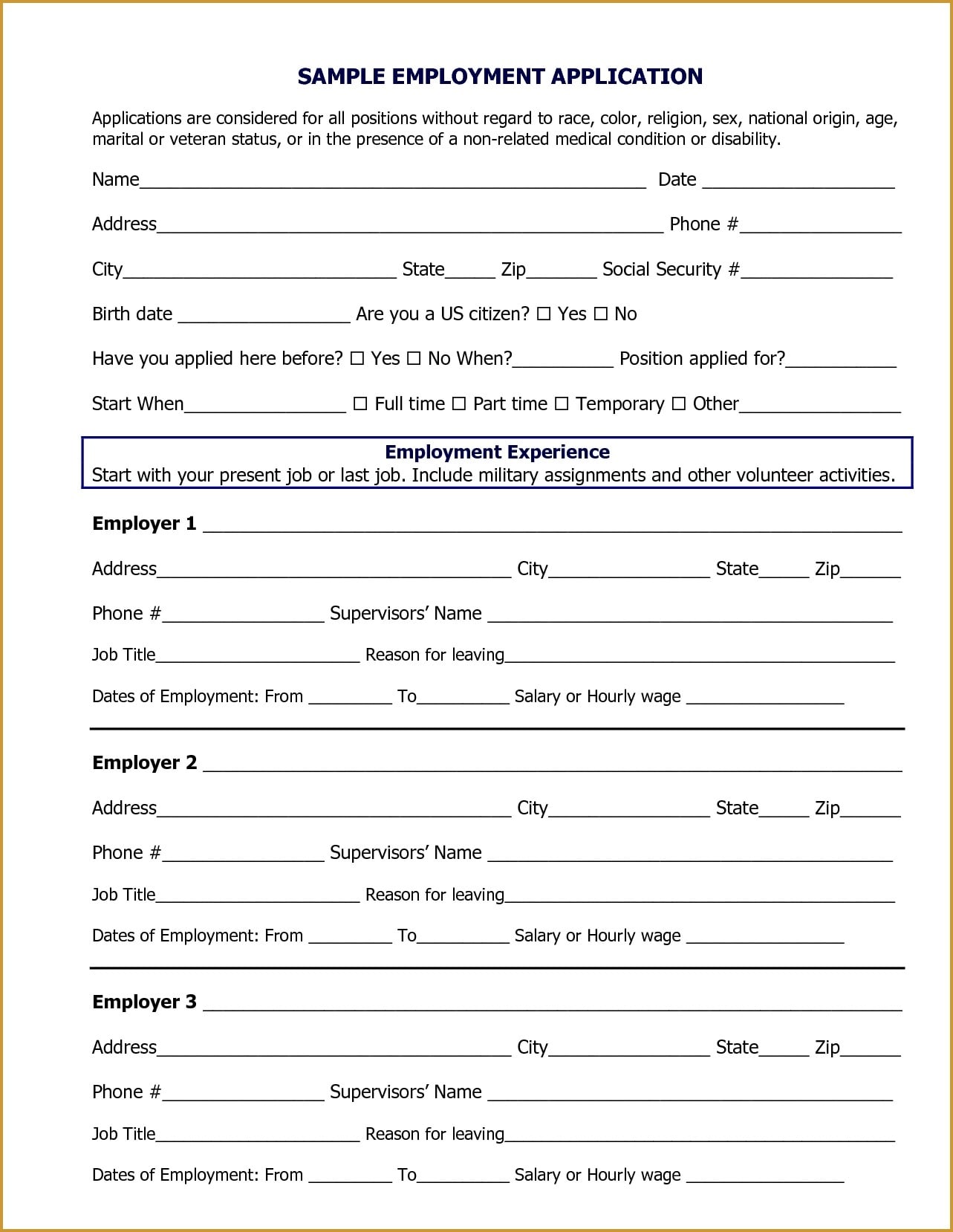 Employment Application for Review Example