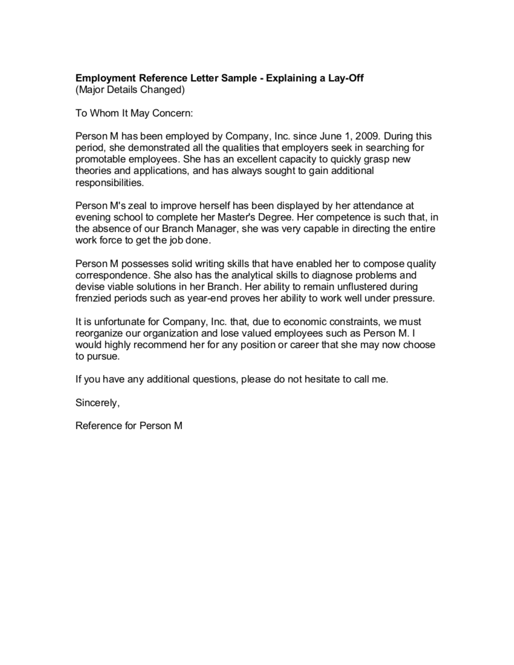 employment reference letter from a previous employer example 1