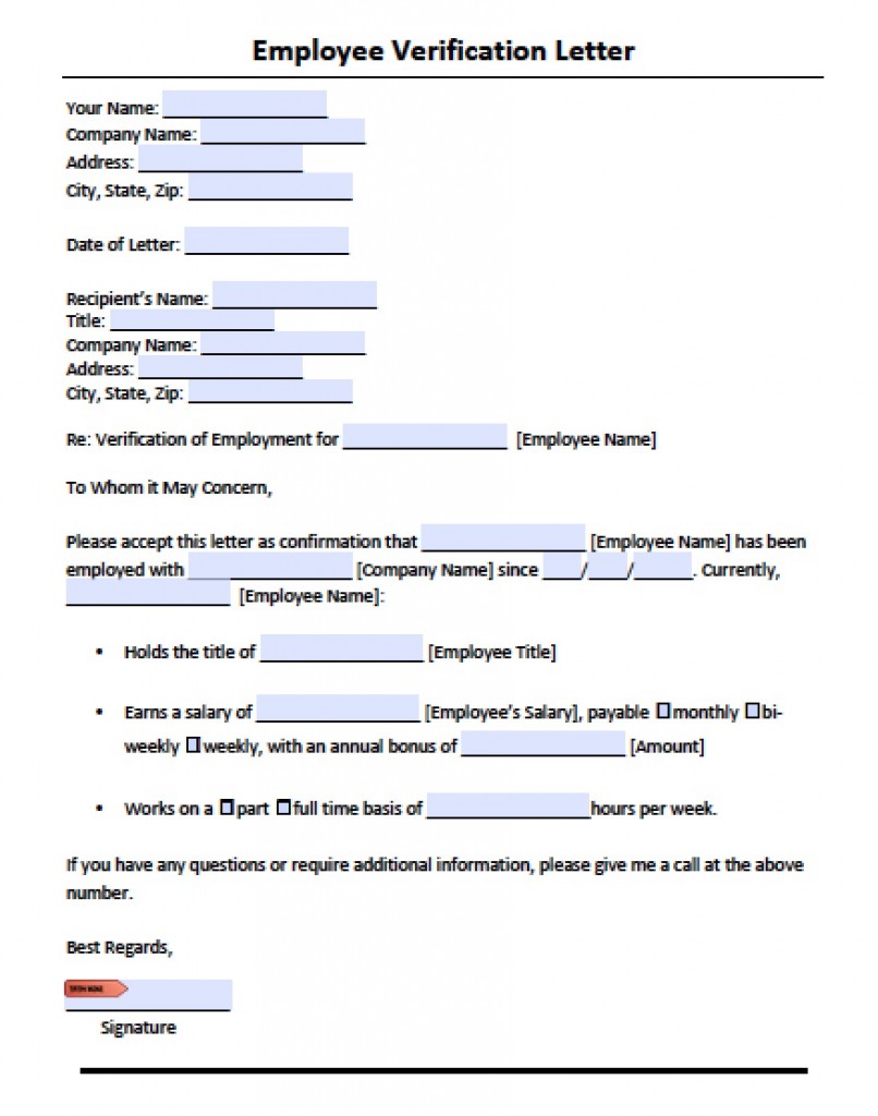 Printable Employment Verification Letter Template Word