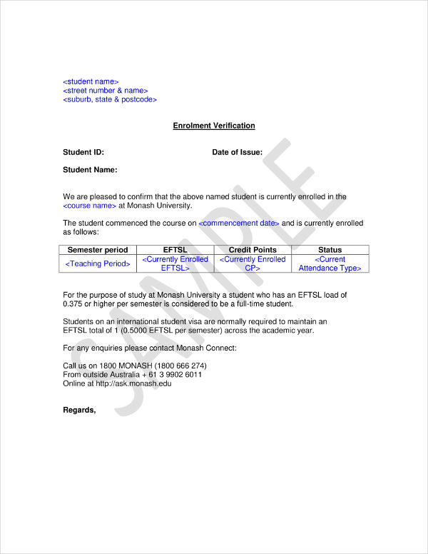 enrollment verification letter example1